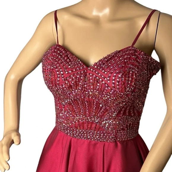 SHERRI HILL corset strapless flounce skater dress,rhinestones fit&flare,glam,red - Picture 4 of 16